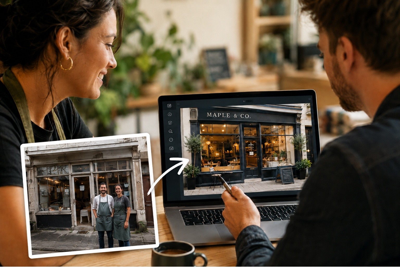 A local cafe owner reviewing enhanced storefront photos